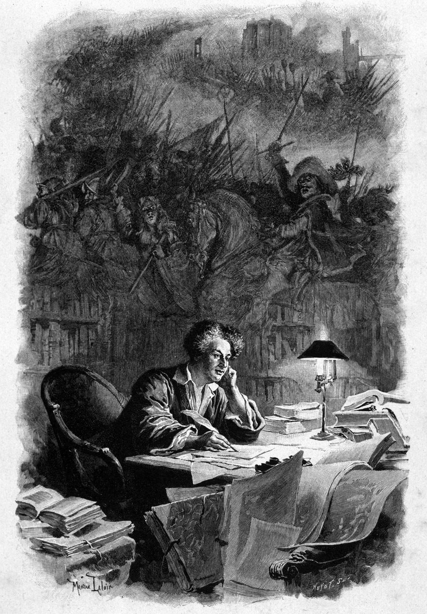 Alexandre Dumas francia író (1802-1870) az 1840-es évek elején a három testőrt írta irodájában. Illusztráció: Maurice Leloir (1851-1940). Jogok fenntartva alkotó: Maurice Leloir