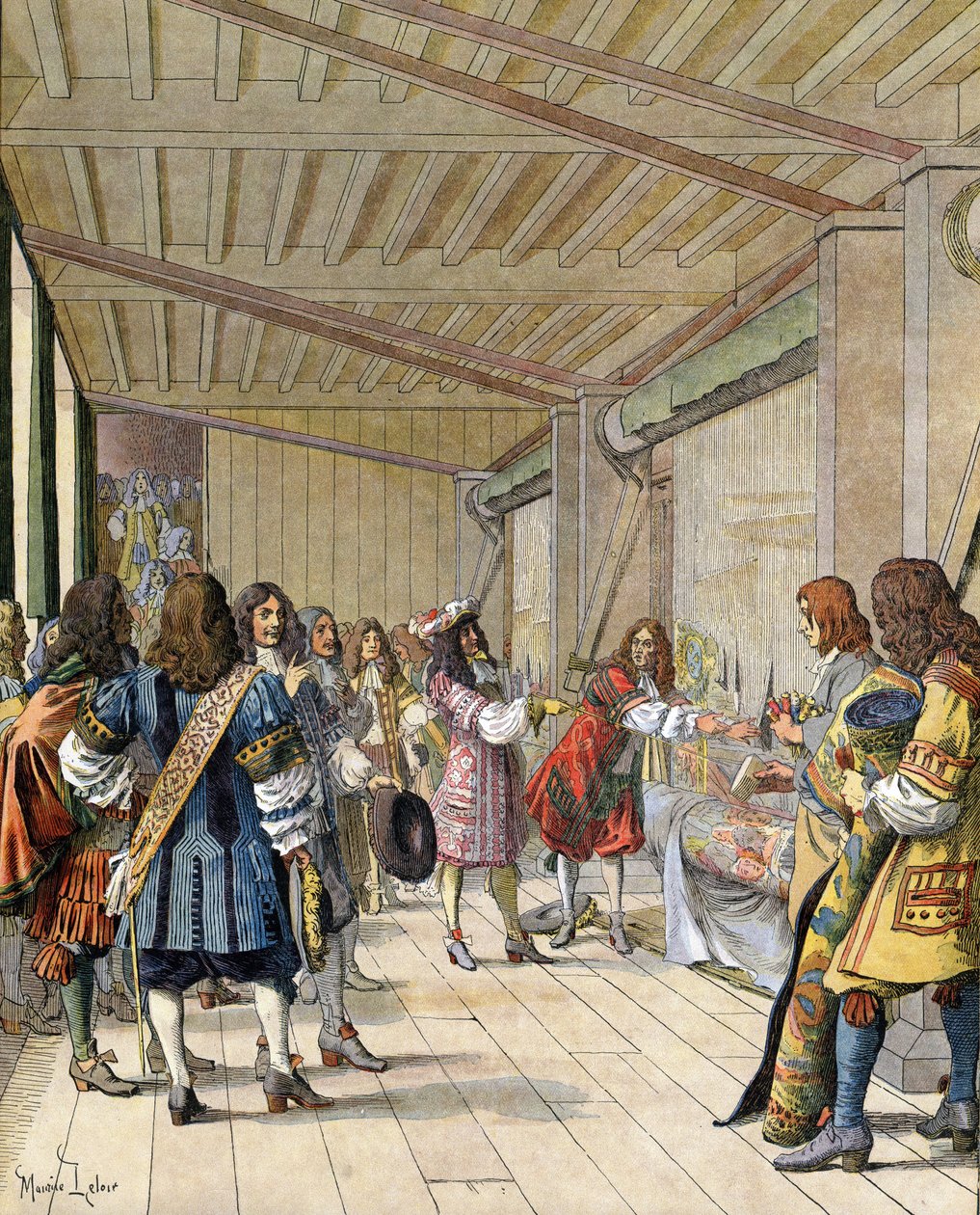 Charles Lebrun (Le Brun) festő (1619-1690), a gyártás igazgatója elmagyarázta XIV. Lajosnak, akit Le Roi-Soleilként (Soleil király vagy Nagy Lajos) ismernek. alkotó: Maurice Leloir