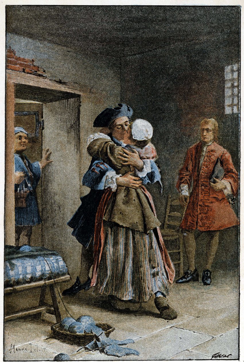 Kórházlátogatás – Abbe Prevost (1697-1763), francia író „Manon Lescaut és a Chevalier Des Grieux története” című művében. Metszet Maurice Leloir rajzai alapján (1885). alkotó: Maurice Leloir