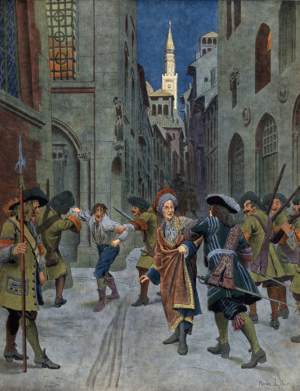 Spanyol örökösödési háború: Francois of Neufville de Villeroy (1644-1730) elfoglalása Cremone (Cremona) elfoglalása során Jenő herceg csapatai (Eugene Francois de Savoie (1663-1736), 1702-ben. Kromatipográfiája „Le Roy Soleil” ( alkotó: Maurice Leloir