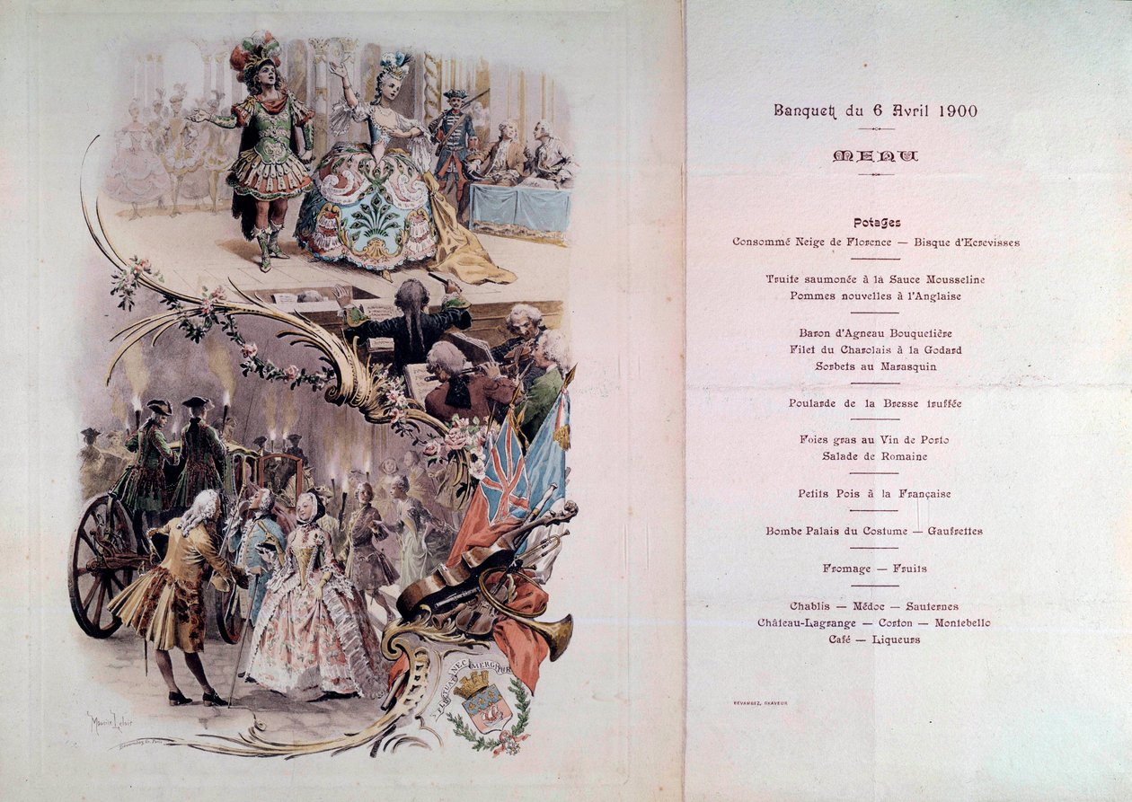 Esküvői menü Maurice Leloir (1851-1940) kosztümös bálokkal és galantes jelenetekkel, 1900.06.04. alkotó: Maurice Leloir