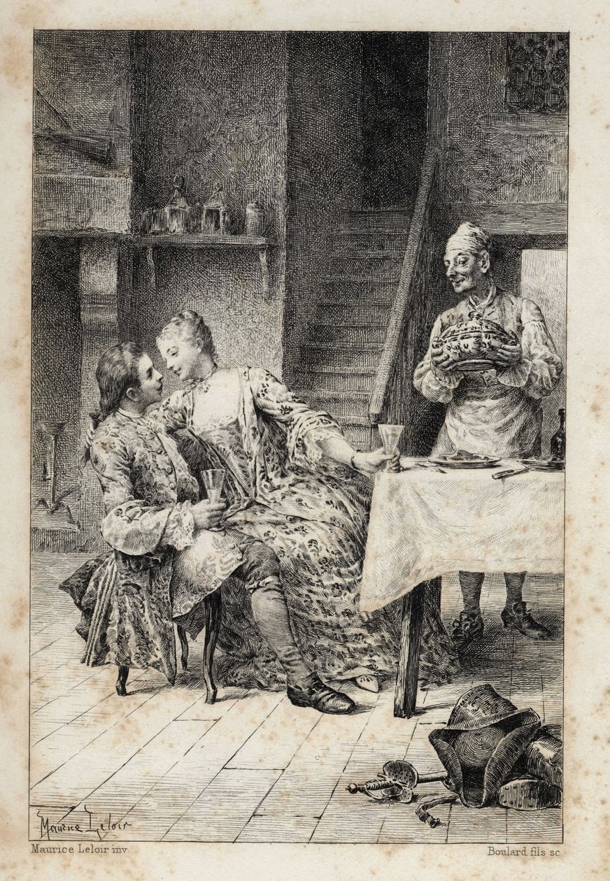 Prevost abbé (1697-1763) francia író „Manon Lescaut és a Chevalier Des Grieux története” című művében. Metszet Maurice Leloir rajzai alapján (1885). alkotó: Maurice Leloir