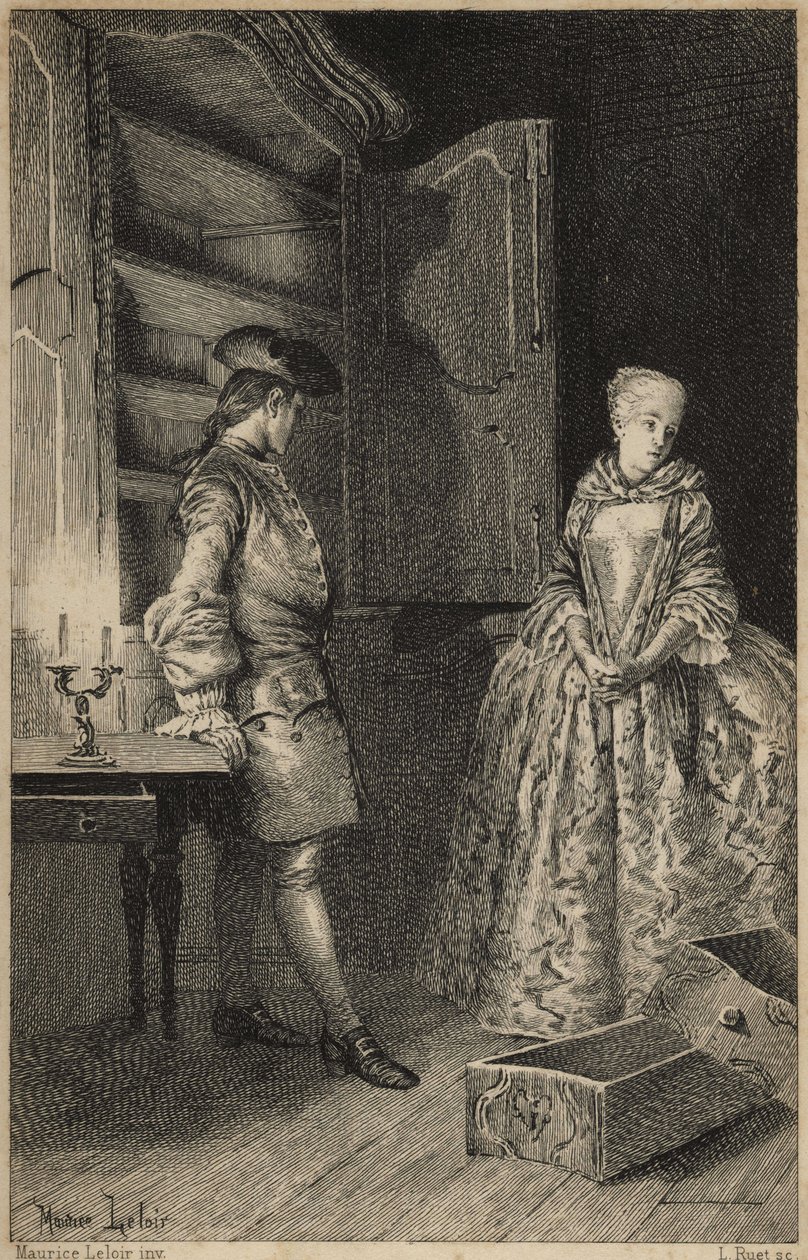 a Vol felfedezése - Prevost abbé (1697-1763), francia író „Manon Lescaut és a Chevalier Des Grieux története” című művében. Metszet Maurice Leloir rajzai alapján (1885). alkotó: Maurice Leloir