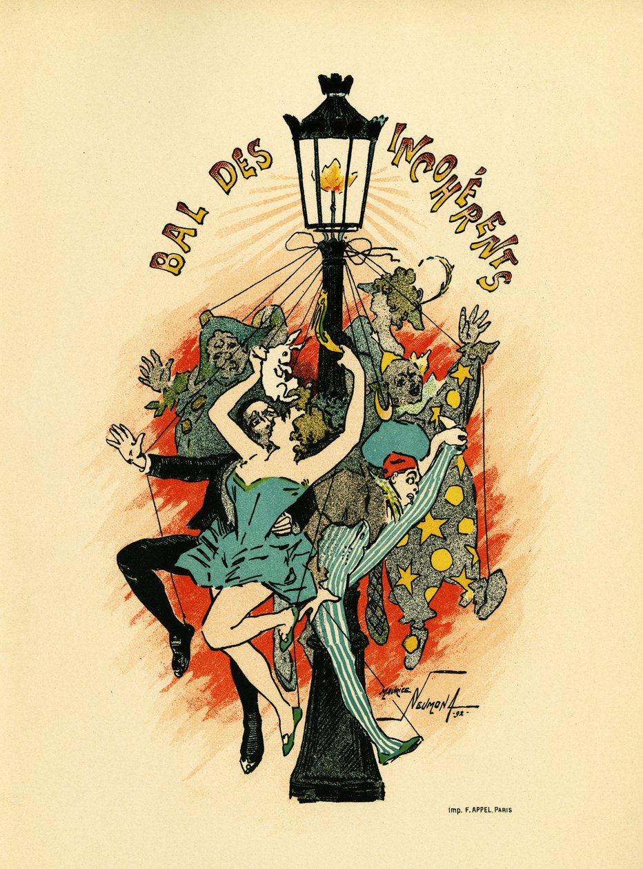 Poszter pour le bal des incoherents, bal, amelyet 1885 és 1896 között szerveztek Párizsban a Jules Levy által 1882-ben elindított művészeti mozgalom részeként, Les arts incoherents, Illustration en lithographie de Maurice Neumont (1868-1930), a Les Program alkotó: Maurice Louis Henri Neumont