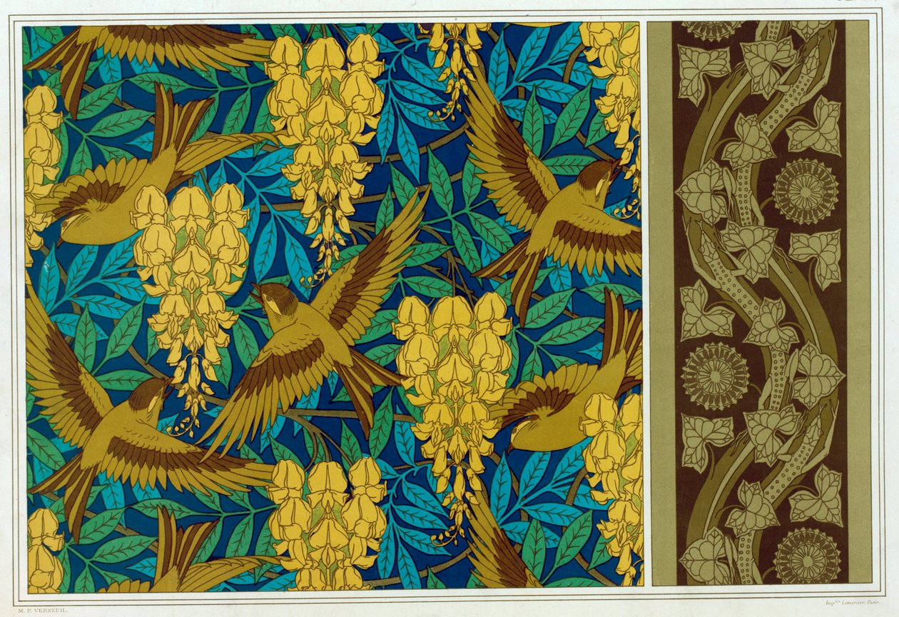 Designs for Birds and Wisteria Lizards and Ivy függő és tapéta szegély, pub. 1897. alkotó: Maurice Pillard Verneuil
