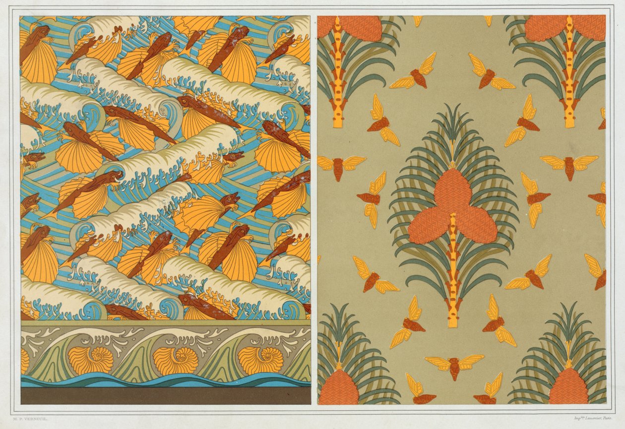 Designs tapéta Flying Fish and Waves, pub. 1897. alkotó: Maurice Pillard Verneuil
