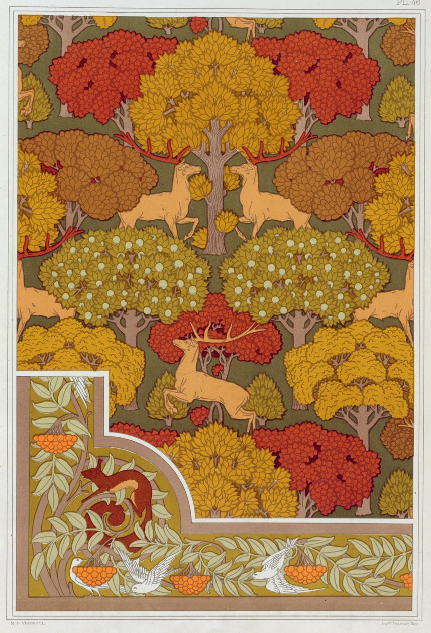 Tervek tapétához és tapétaszegélyhez Deer in the Trees, pub. 1897. alkotó: Maurice Pillard Verneuil