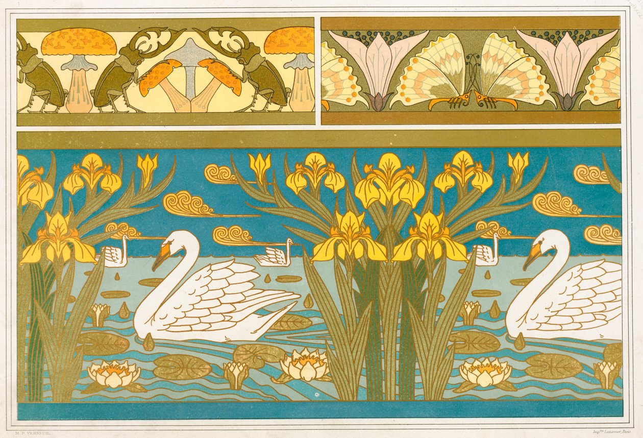 Tervek tapéta szegély szarvasbogarak és gombák, pub. 1897. alkotó: Maurice Pillard Verneuil