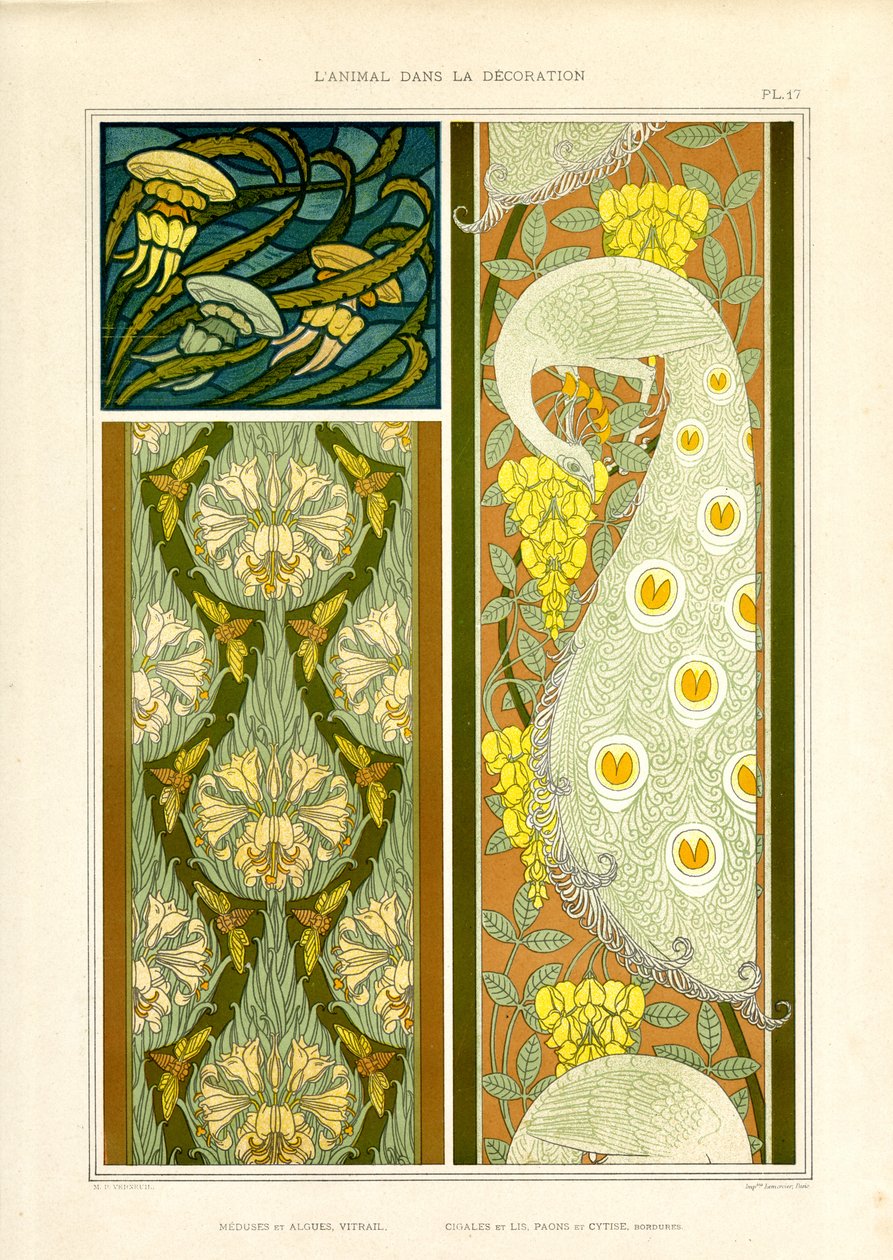 Ornamentális kompozíciók tengeri állatokkal, kabócákkal és pávával (litográfia) alkotó: Maurice Pillard Verneuil