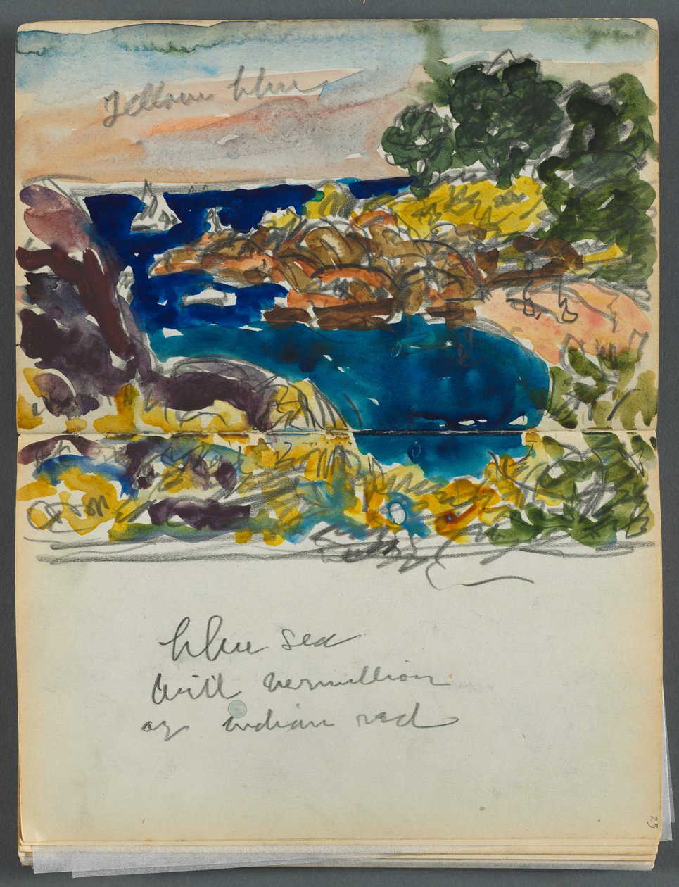 Vázlatkönyv- The Granite Shore Hotel, Rockport, 024. és 25. oldal: Kikötői nézet színes jegyzetekkel alkotó: Maurice Prendergast