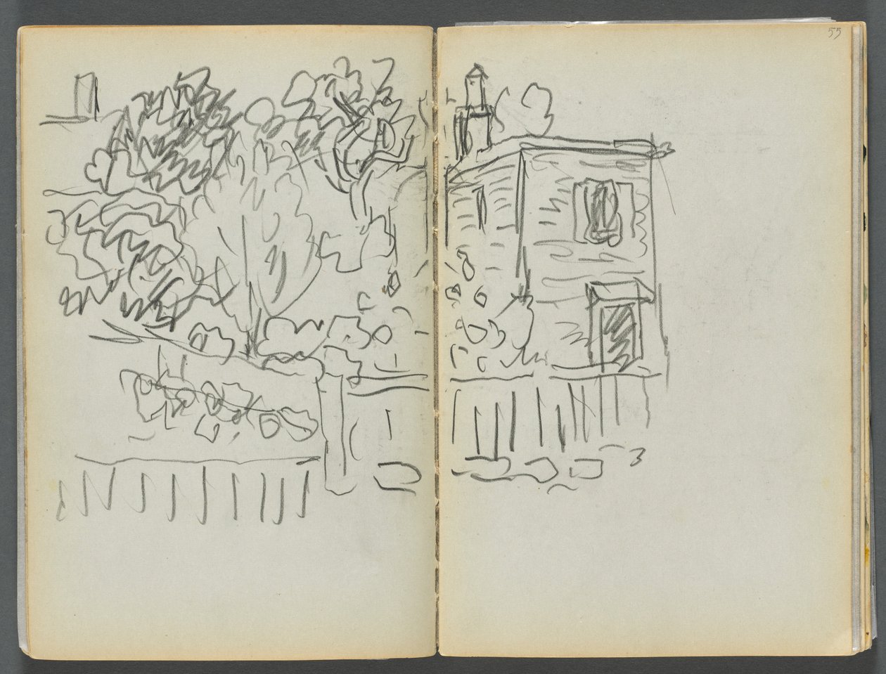 Vázlatkönyv- The Granite Shore Hotel, Rockport, 054. és 55. oldal: Ház és bekerített kert alkotó: Maurice Prendergast