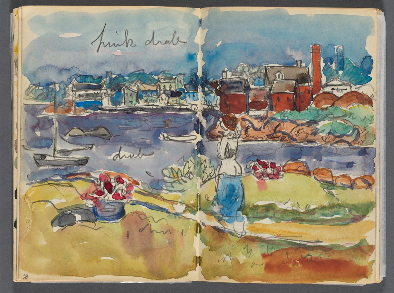 Vázlatkönyv- The Granite Shore Hotel, Rockport, 084. és 85. oldal: Kikötői nézet színes jegyzetekkel alkotó: Maurice Prendergast