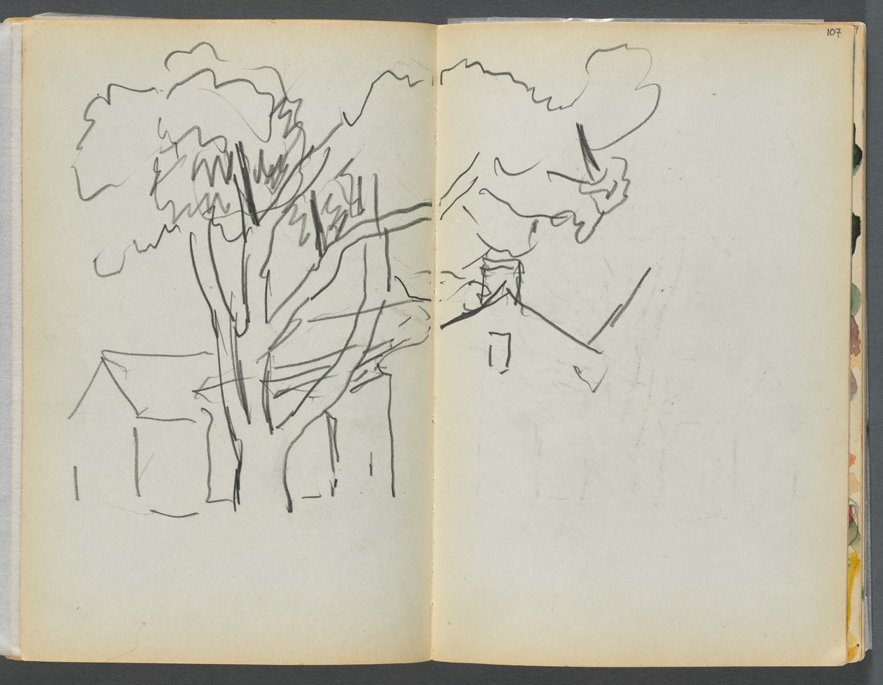 Vázlatkönyv - The Granite Shore Hotel, Rockport, 106. és 107. oldal: Fák házakkal alkotó: Maurice Prendergast
