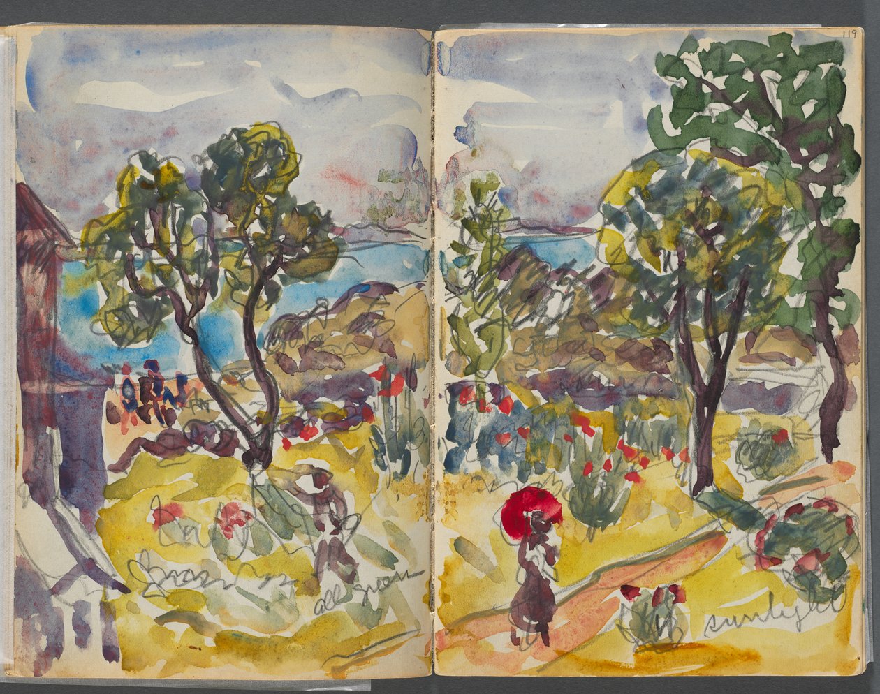 Vázlatfüzet - The Granite Shore Hotel, Rockport, 118. és 119. oldal: kertre néző kilátás jegyzetekkel alkotó: Maurice Prendergast