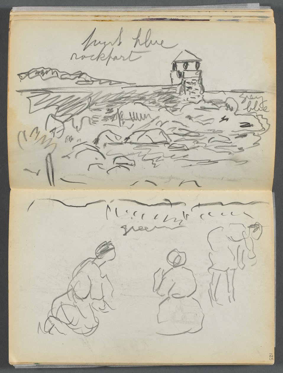 Vázlatkönyv - The Granite Shore Hotel, Rockport, 124. és 125. oldal: Rockport világítótorony és figurák a parton. alkotó: Maurice Prendergast