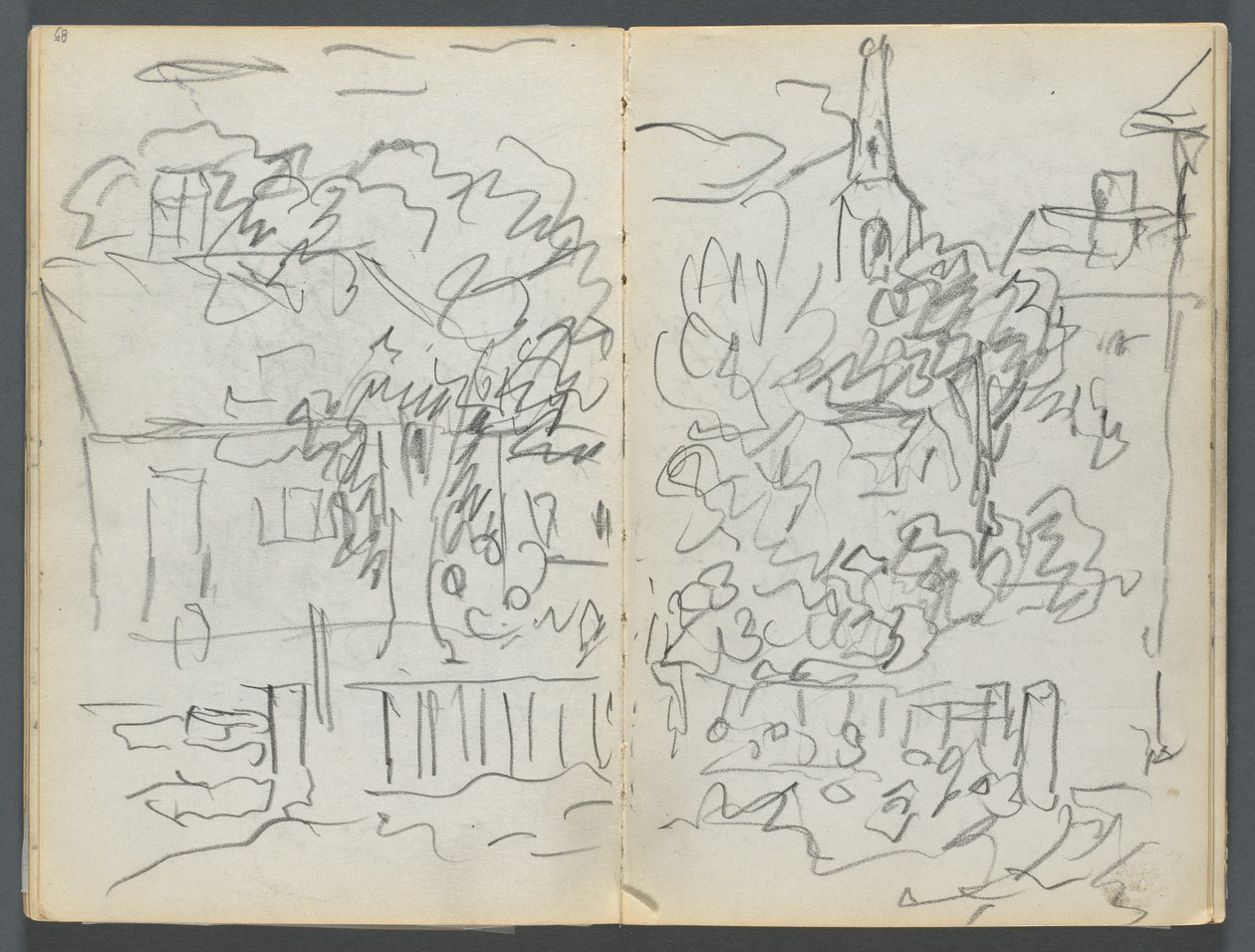 Vázlatfüzet, The Dells, 127. szám, 084. és 85. oldal: Tájkép házakkal és toronnyal alkotó: Maurice Prendergast