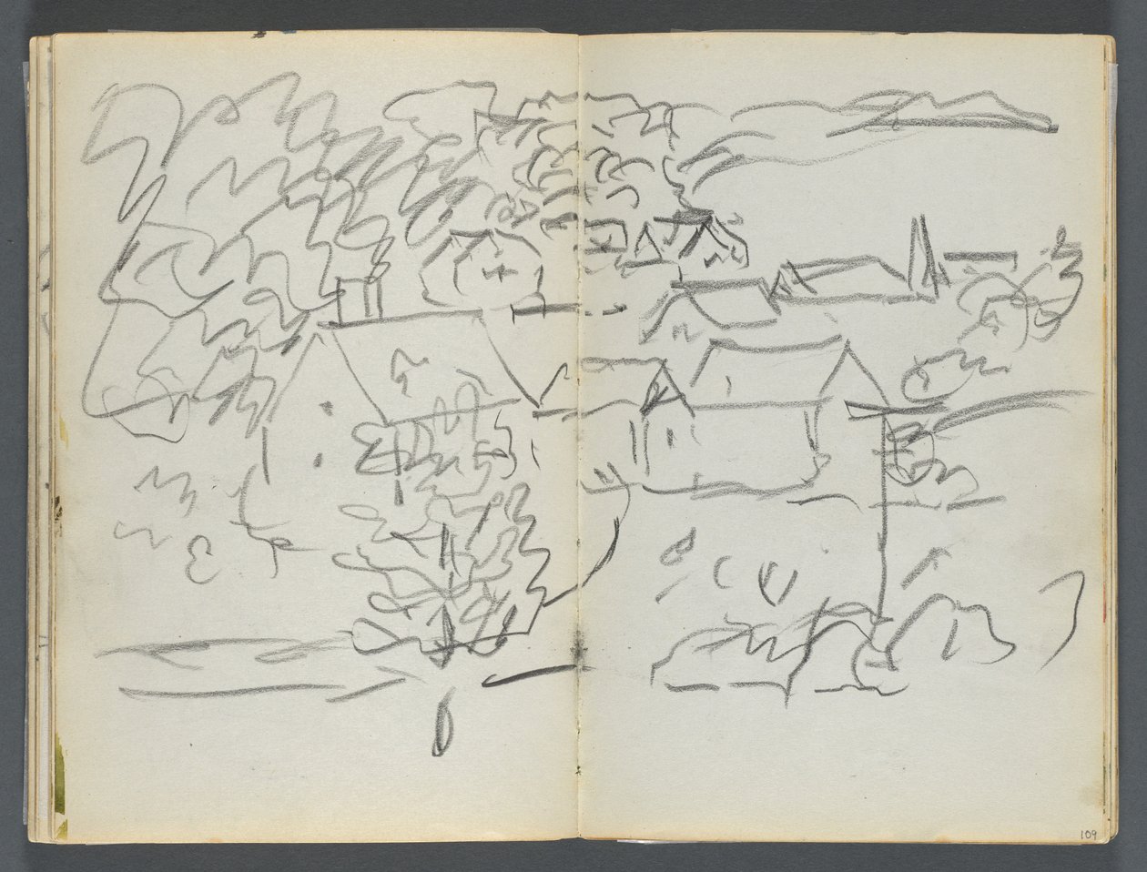 Sketchbook, The Dells, 127. szám, 108. és 109. oldal: Tájkép házakkal alkotó: Maurice Prendergast