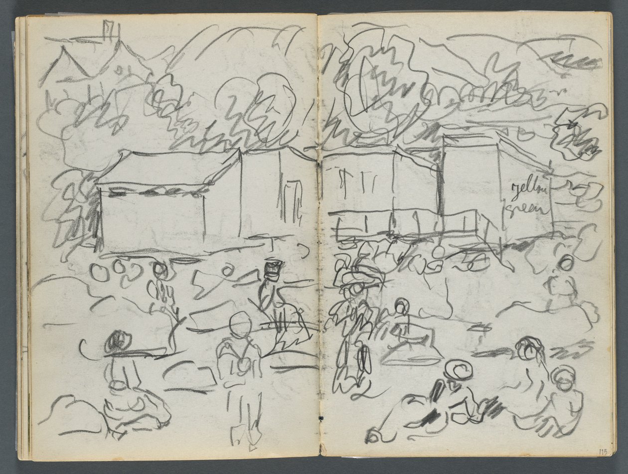 Vázlatfüzet, The Dells, 127. szám, 114. és 115. oldal: Tájkép alakokkal és épületekkel alkotó: Maurice Prendergast