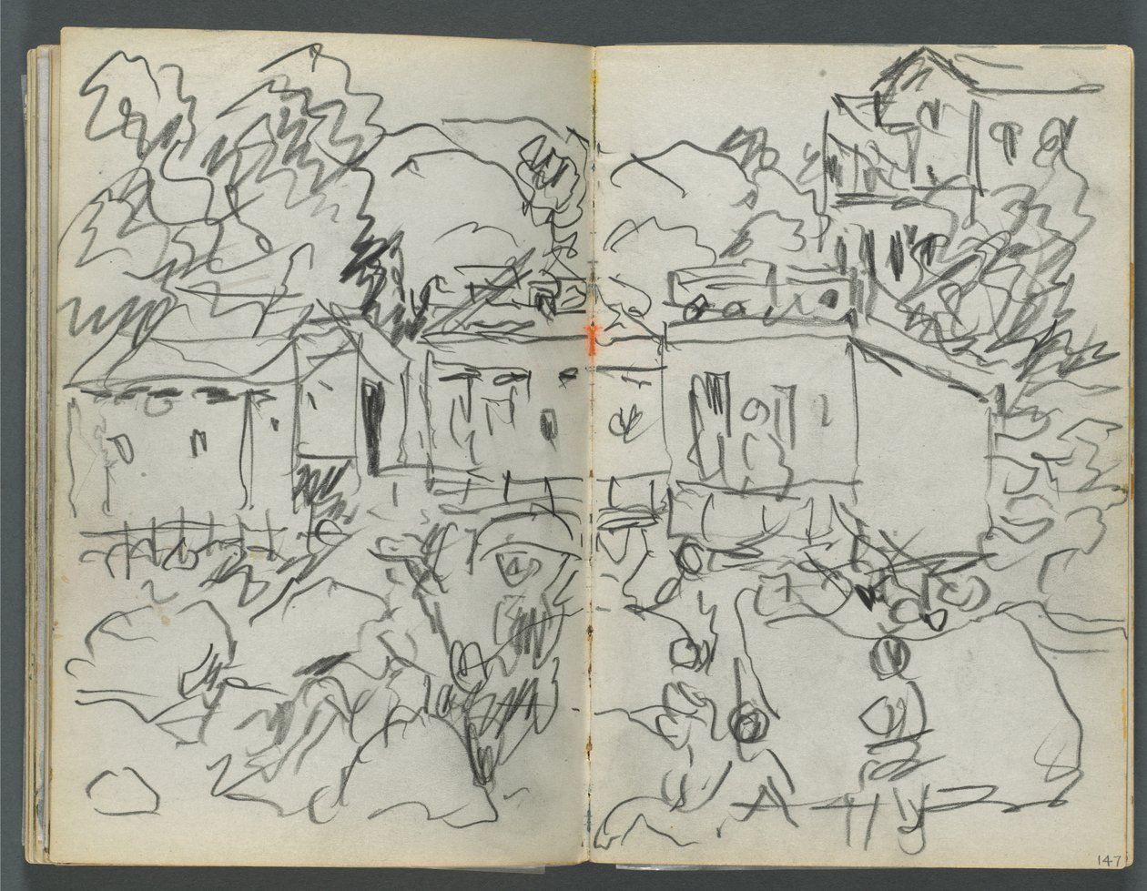 Vázlatfüzet, The Dells, 127. szám, 146. és 147. oldal: Tájkép figurákkal és épületekkel. alkotó: Maurice Prendergast