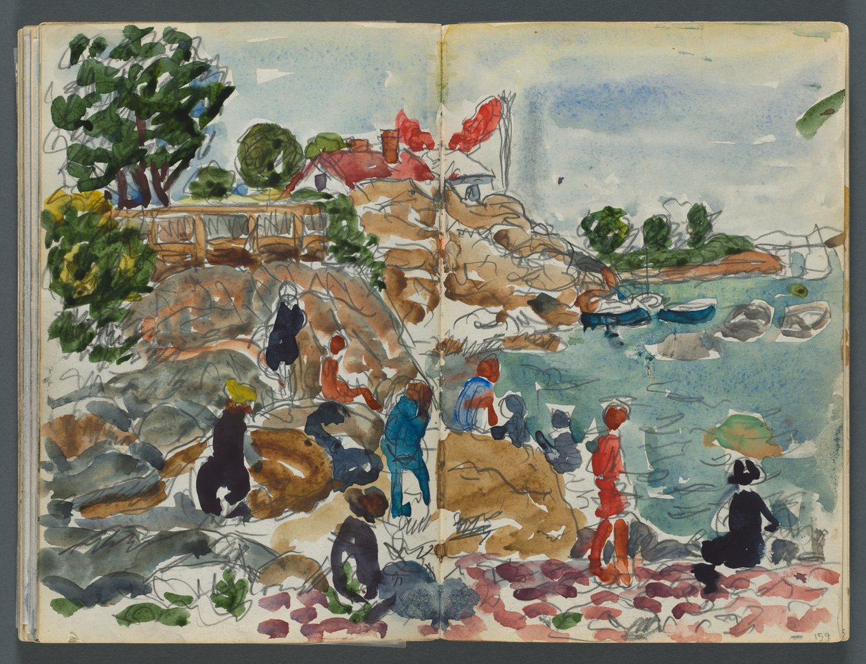 Vázlatfüzet, The Dells, 127. sz., 158. és 159. oldal: Tengerparti táj alakokkal alkotó: Maurice Prendergast