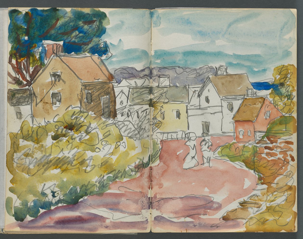 Vázlatfüzet, The Dells, 127. szám, 166. és 167. oldal: Falu házakkal és úttal alkotó: Maurice Prendergast