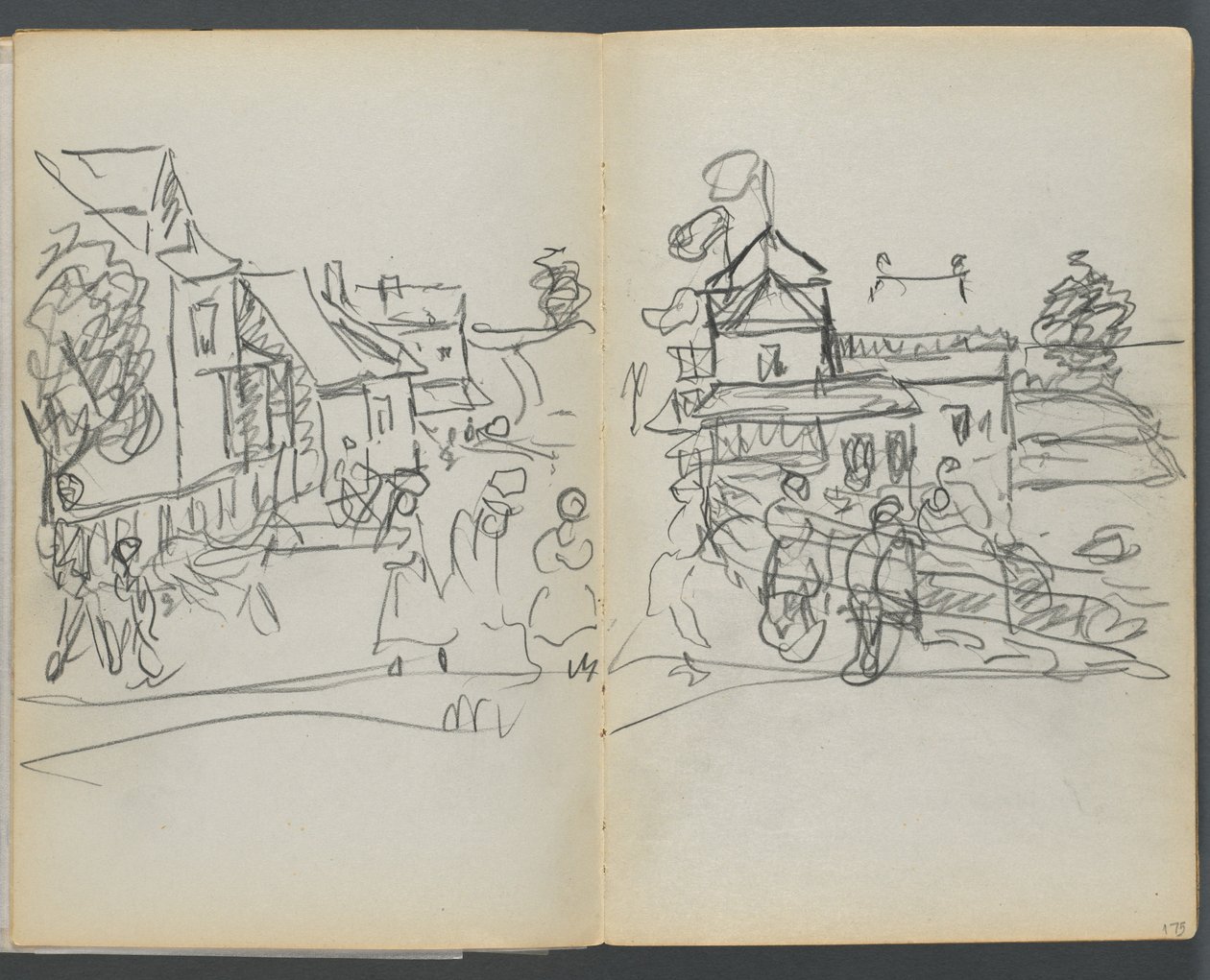 Sketchbook, The Dells, 127. szám, 174. és 175. oldal: Falu házakkal és úttal alkotó: Maurice Prendergast
