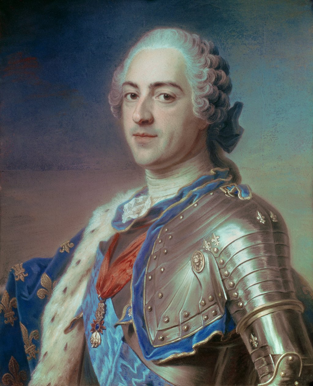 XV. Lajos (1710 - 1774) portréja páncélban, a Szentlélek Rend zsinórjaival és az Aranygyapjúval. Maurice Quentin Delatour pasztellje, Quentin De La Tour vagy Quentin De Latour (1704-1788) alkotó: Maurice Quentin de La Tour
