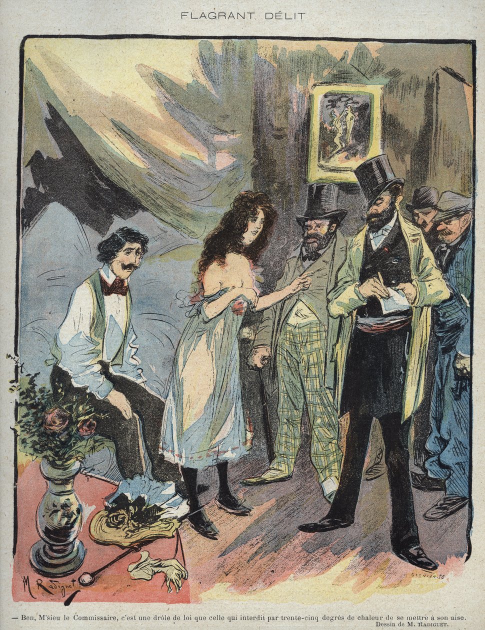 Maurice Radiguet (1866-1941) illusztrációja a „” Le Rire””” francia magazin számára, 1895. 46. szám – „Flagrant Delit”” – Ben monsieur biztos, ez egy vicces törvény, amely 35 fokos hőségben tiltja megnyugodni”” alkotó: Maurice Radiguet