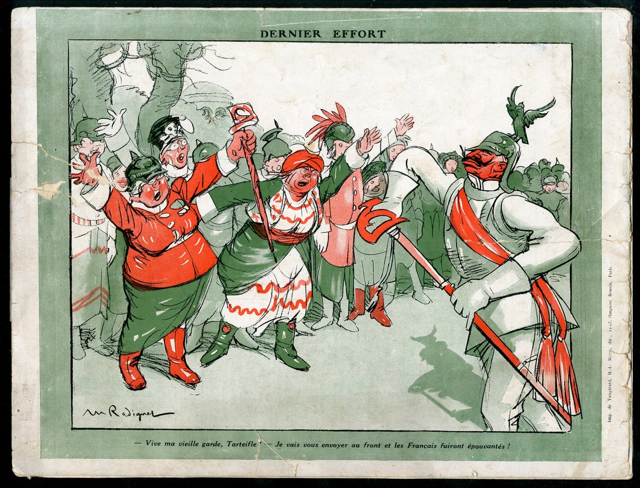 Maurice Radiguet (1866-1941) illusztrációja a németországi Mode-ban, kb. 1915 - Utolsó erőfeszítés - 14-18-as háború, Németország Poroszország, divat, hármas - II. Vilmos alkotó: Maurice Radiguet