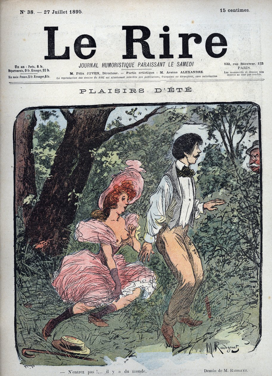 Summer Plaisirs – Két szerelmet lep meg egy járókelő az erdőben – Maurice Radiguet (1866-1941) lusztrációja a „Le Rire” francia magazin számára, 1895. 38. szám alkotó: Maurice Radiguet