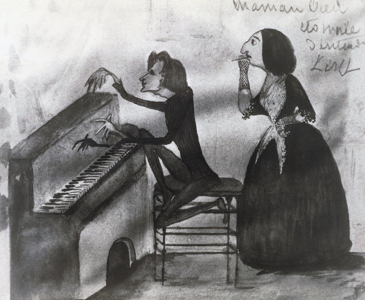 Liszt Ferenc (1811-1886) és George Sand (1804-1876) karikatúrája Nohantban 1832-ben, Maurice Sand (1825-1889) rajza alkotó: Maurice Sand