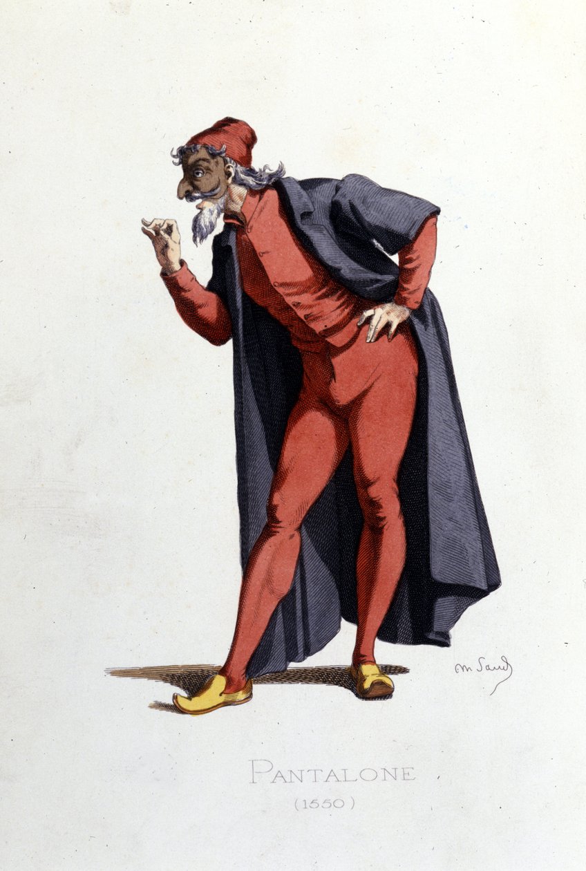 Jelmez és színházi karakter: Pantalone (en fr. Pantalone, orvos) a „Masques et bouffons”-ból merít (olasz vígjáték: Commedia dell