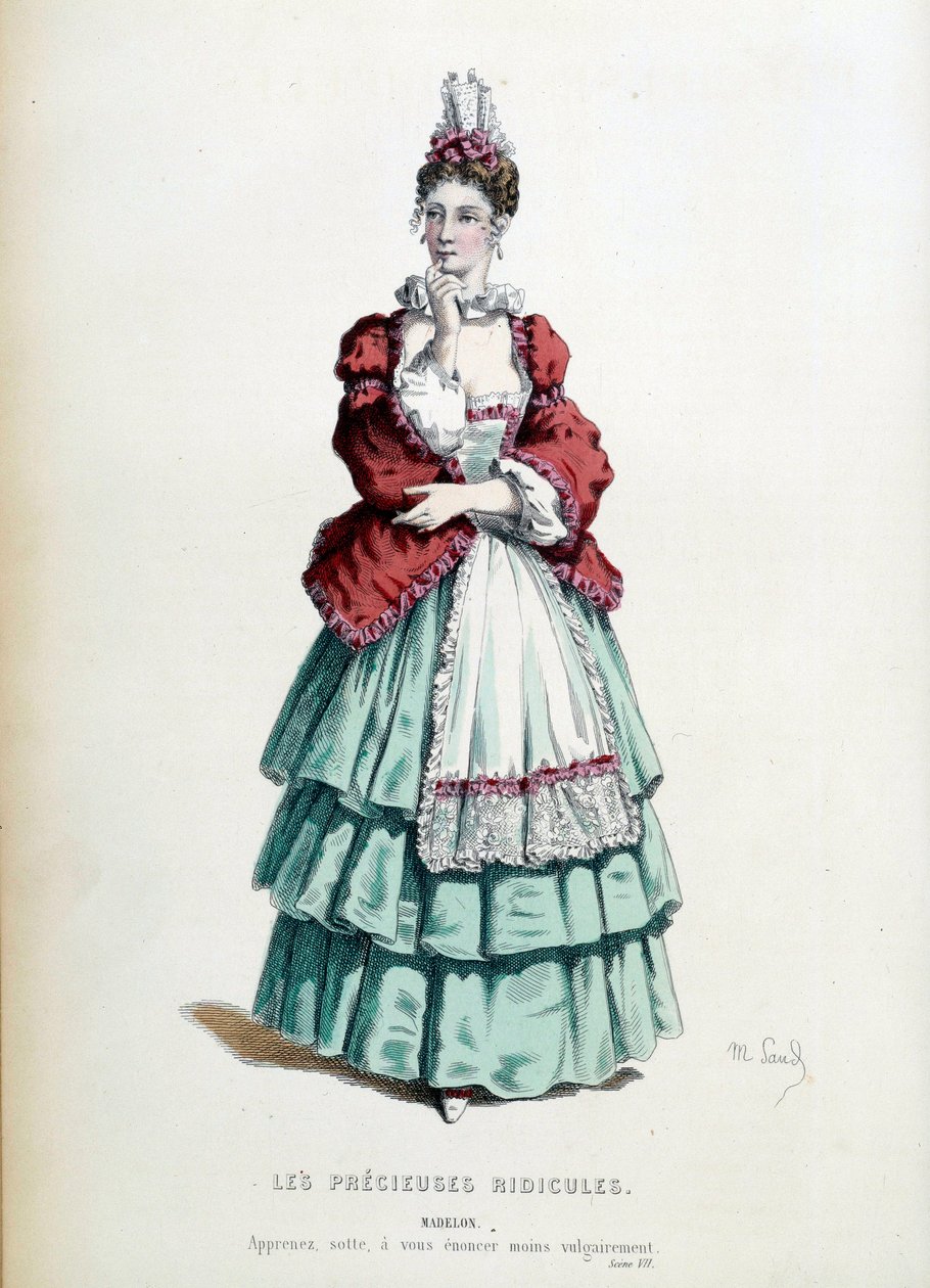 Madelon jelmeze Jean Baptiste Poquelin dit Moliere „Les precieuses ridicules” című darabjában, Maurice Sand (1823-1889) illusztrálásával. 1868. Párizs, francia vígjáték alkotó: Maurice Sand