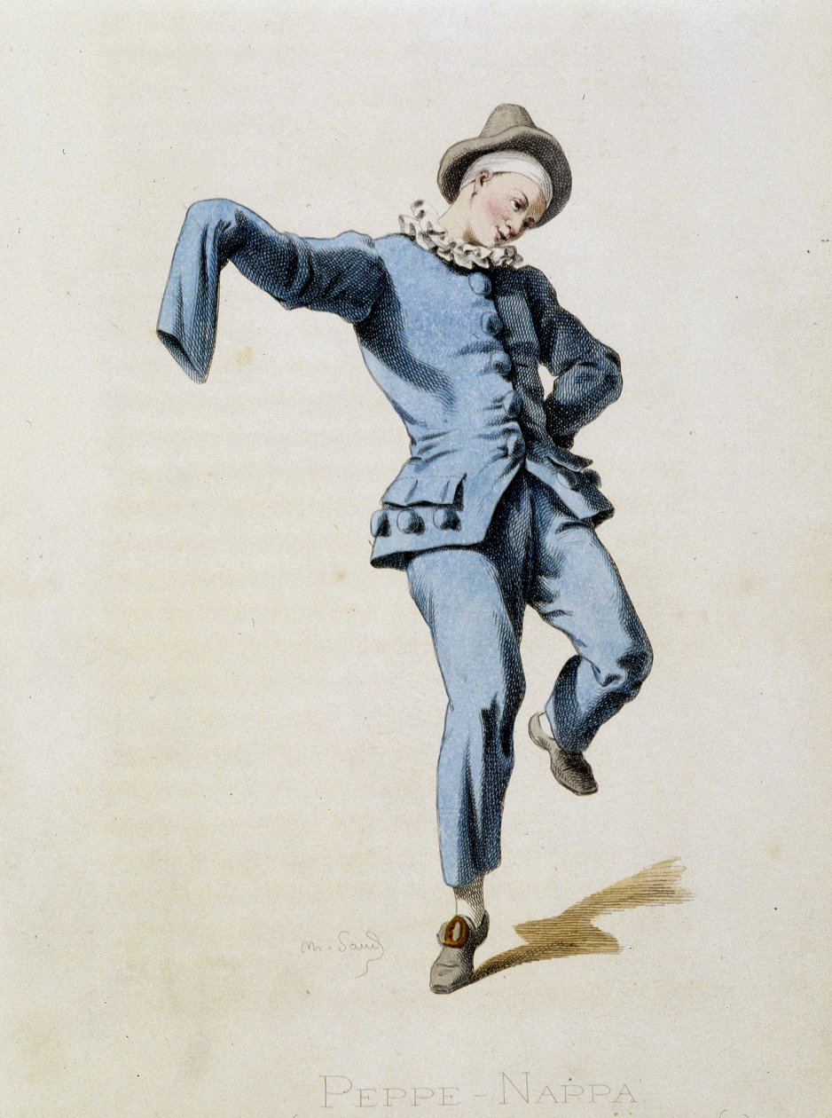 Peppe Nappa (Pierrot vagy Peppe-Nappa) a „Masques et bouffons”-ból (olasz vígjáték) rajzol, Maurice Sand szövege és rajzai, A. Manceau nyomatai, Georges Sand előszó, Párizs, Michel Lévy Frères alkotó: Maurice Sand