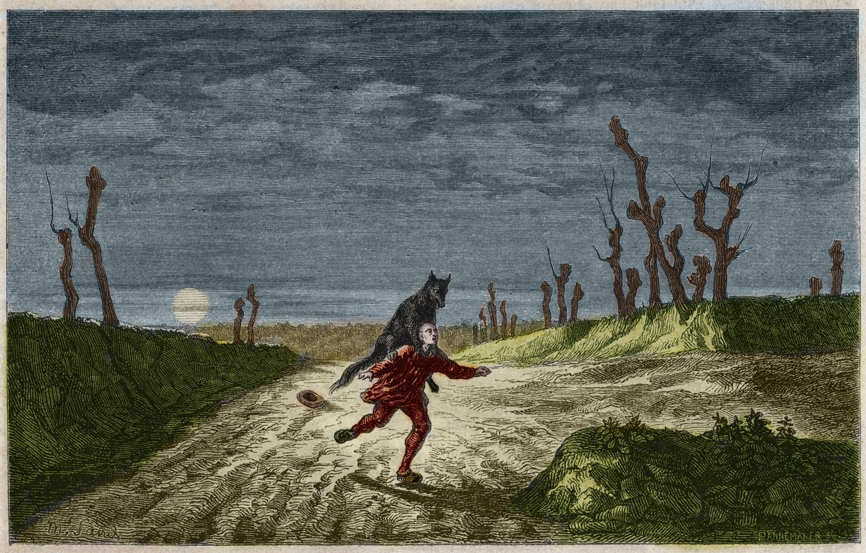 A vérfarkas (A vérfarkas, lupo mannaro) metszet Maurice Sand festménye után. Metszet 1857-ből. alkotó: Maurice Sand