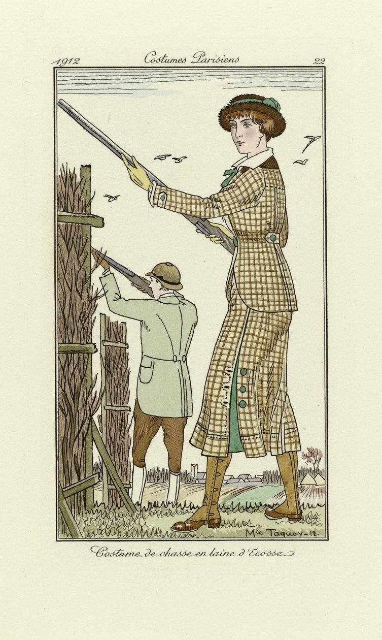 Design for Ladies Tweed Shooting Outfit, Costumes Parisien, Pub.1912 (pochoir print) alkotó: Maurice Taquoy