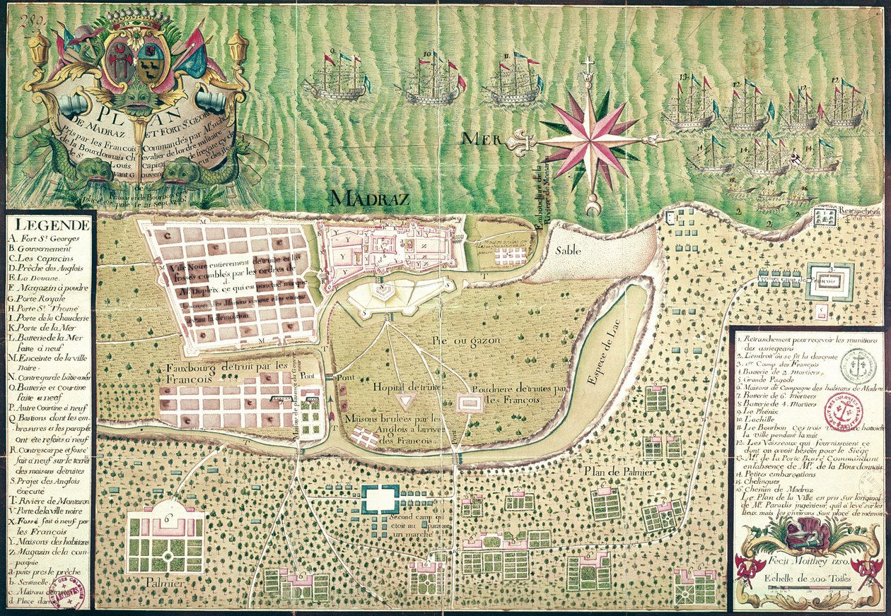 Madras térképe a város és a Szent György-erőd 1746-os elfoglalása idején a franciák Mahe de la Bourdonnais parancsnoksága alatt, 1750 9színes metszet) alkotó: Maurille Antoine Moithey