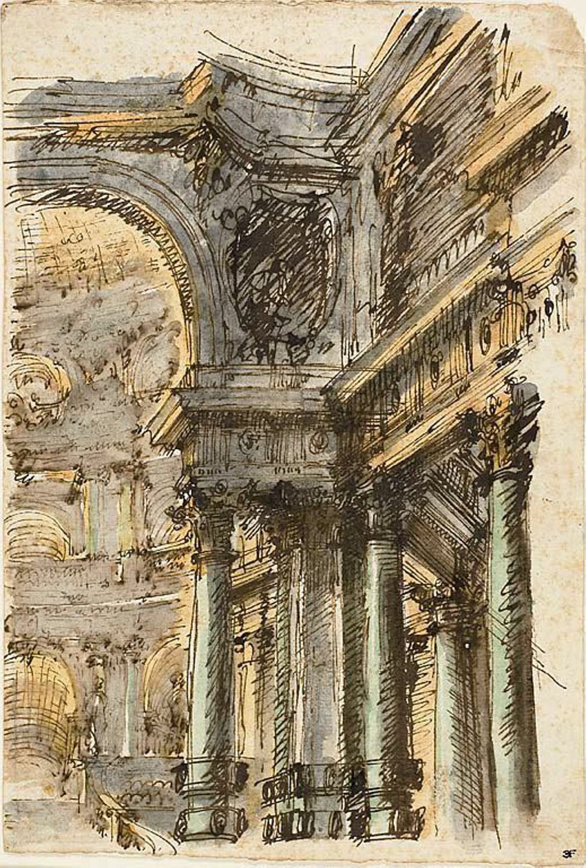 Építészeti fantázia (recto); Építészeti részletek (fordítva) alkotó: Mauro Antonio Tesi