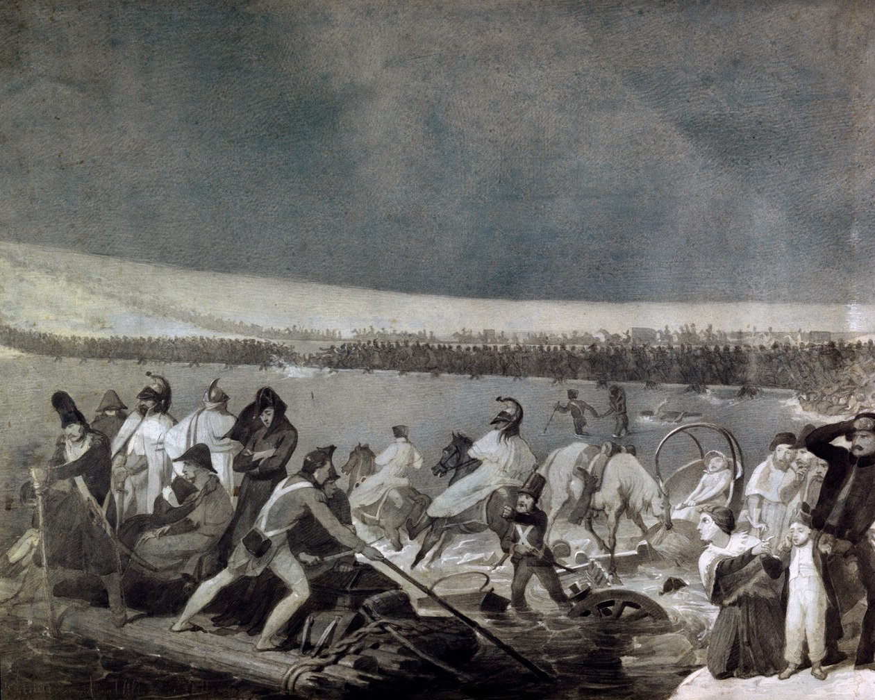 Visszavonulás Oroszországból (1812): „” a Beresina (Berezina) áthaladása a francia hadsereg által november 28-án alkotó: Mauro Conconi