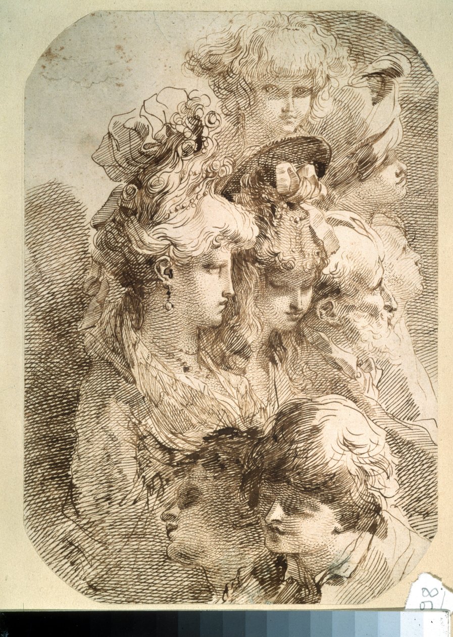 Nyolc fej tanulmányozása. (Tanulmányok nyolc fejről). Mauro Gandolfi (1764-1834) rajza. olasz művészet. Ceruza és barna indiai tinta papíron. Puskin Múzeum, Moszkva alkotó: Mauro Gandolfi