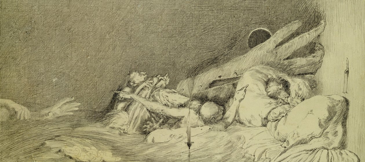 Kín az 1881-ben kiadott „Paraphrase on the Discovery of a Glove” című könyv tíz lemezből álló sorozatából (mosott indiai tinta és toll) alkotó: Max Klinger