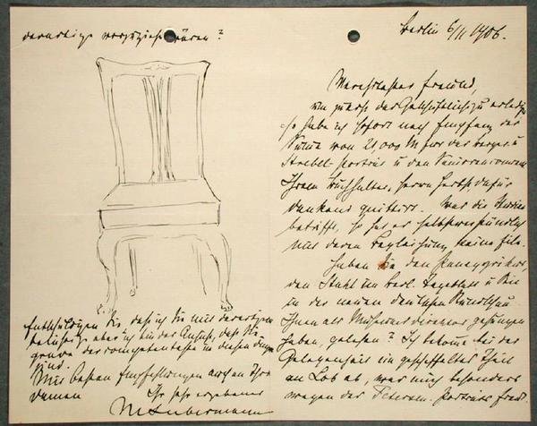 A művész jegyzetei és egy szék vázlata (tinta papíron) alkotó: Max Liebermann