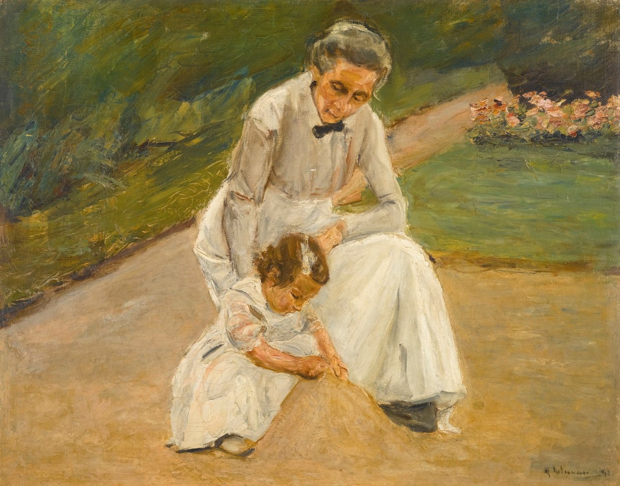 Unokája és dada játszik a kertben alkotó: Max Liebermann