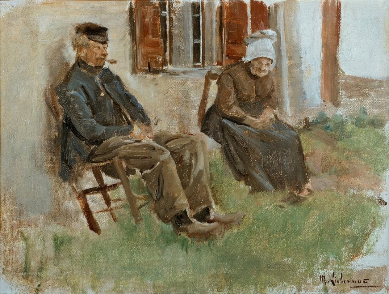 Tanulmány Hollandiából: idős pár ül egy ház előtt alkotó: Max Liebermann