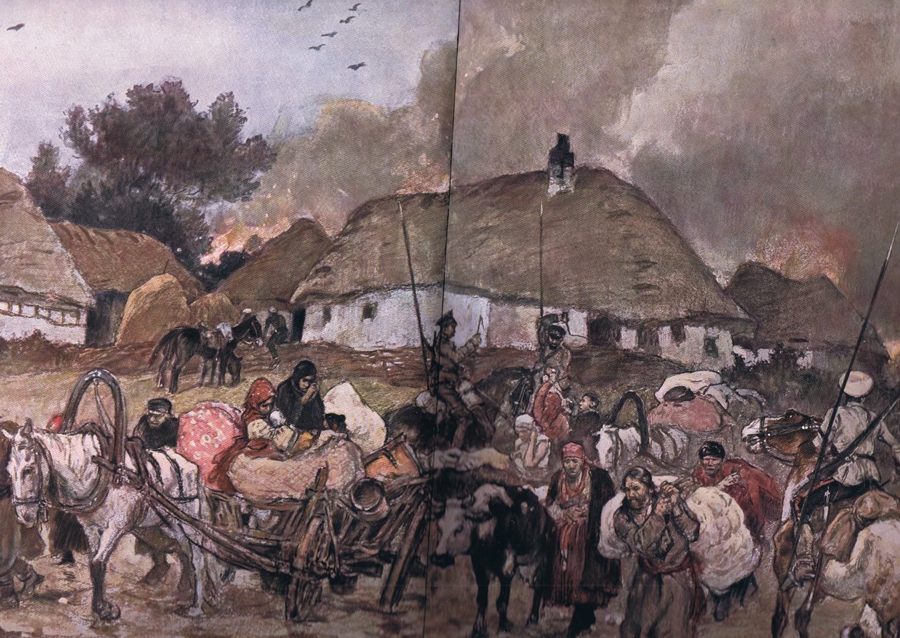 Útban Brest-Litowsk felé: Lengyel regugeok, hátul kozákokkal, a The Illustrated History of the World War 1914-1915 pubból. Union Berlagsefellfchaft, 1922. évf. 3 alkotó: Max Tilke