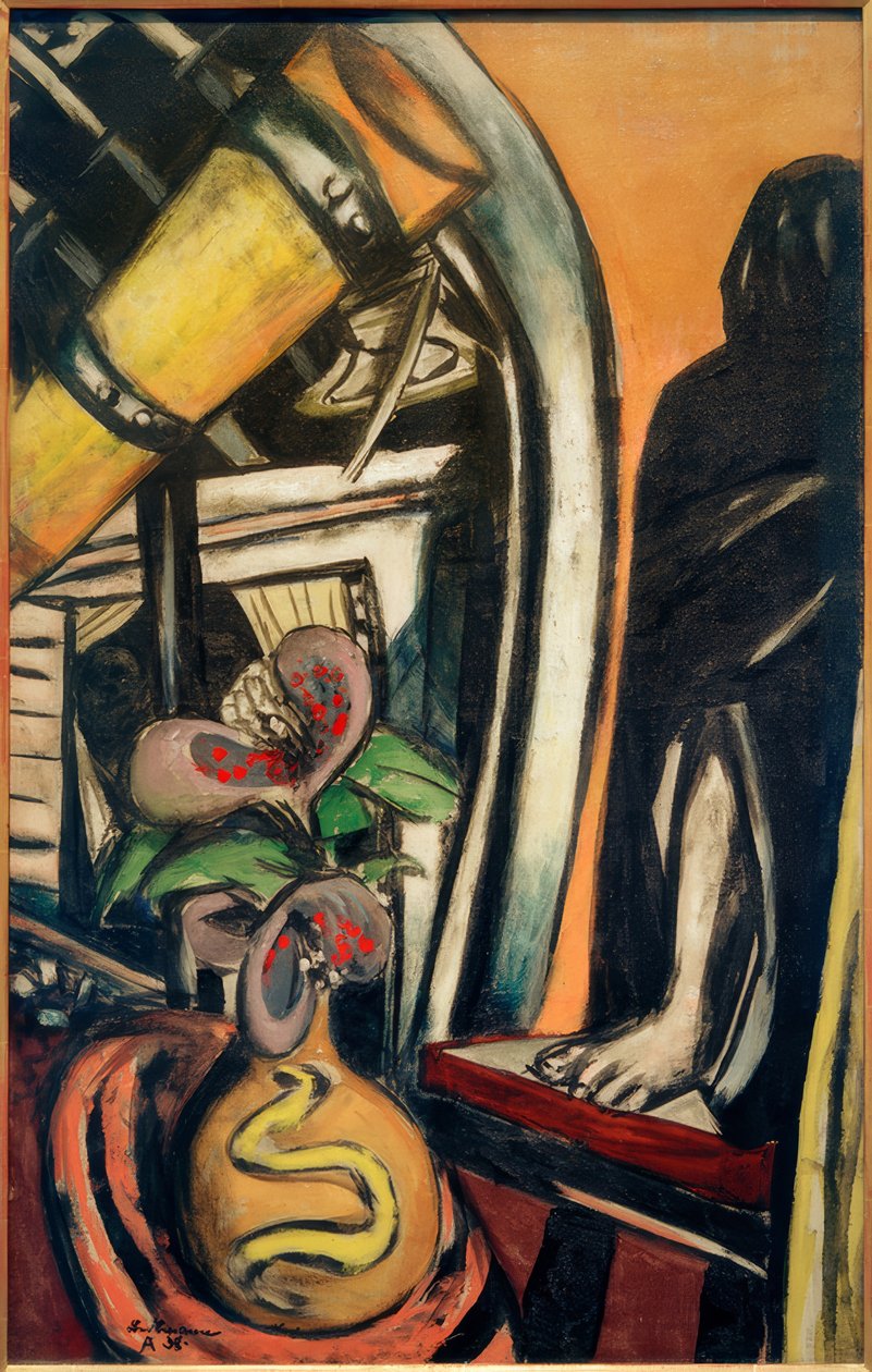 Atelier (éjszaka). Csendélet távcsővel és fátyolos alakkal alkotó: Max Beckmann