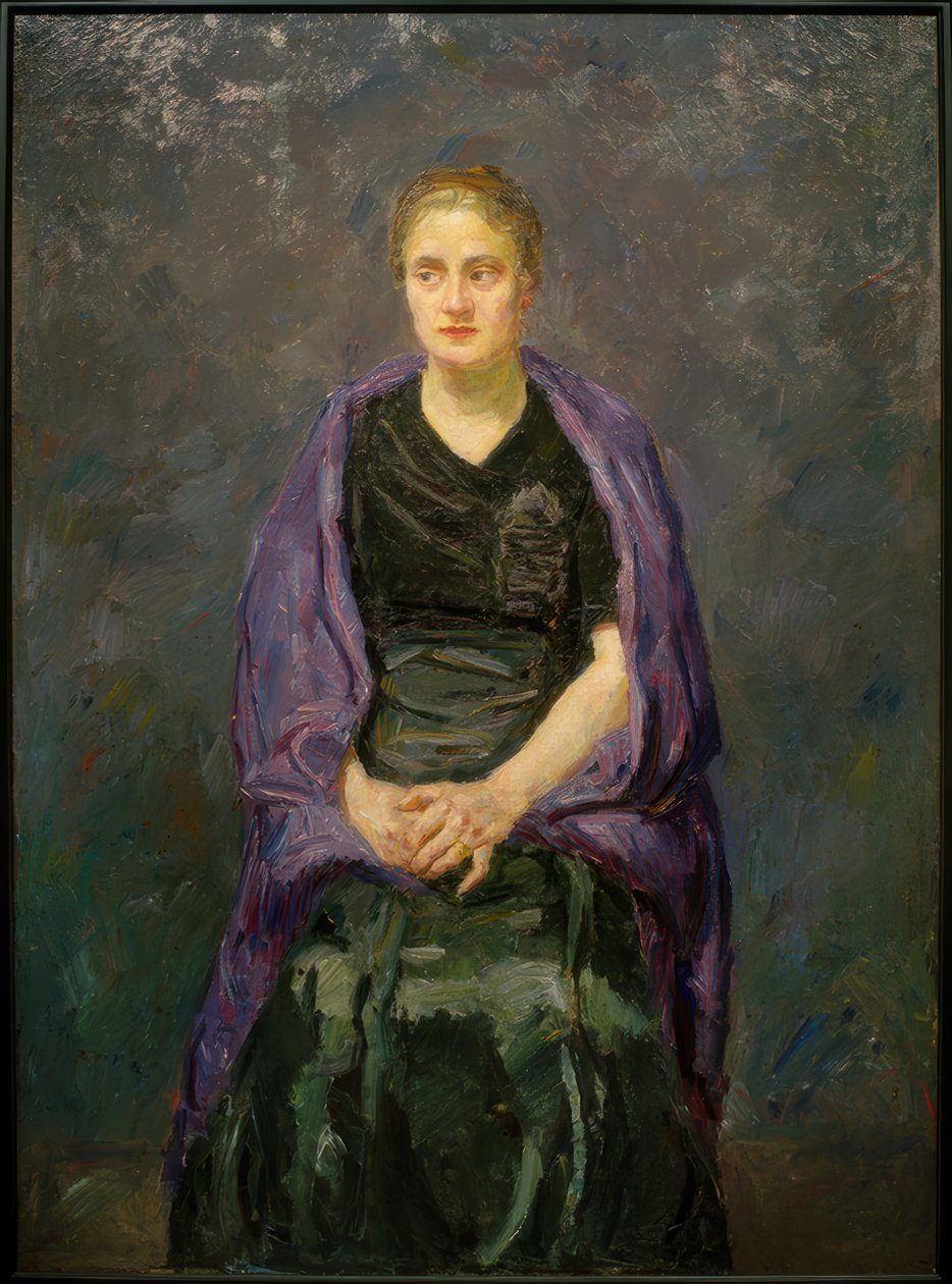 Minna Beckmann-Tube portréja lila sállal alkotó: Max Beckmann