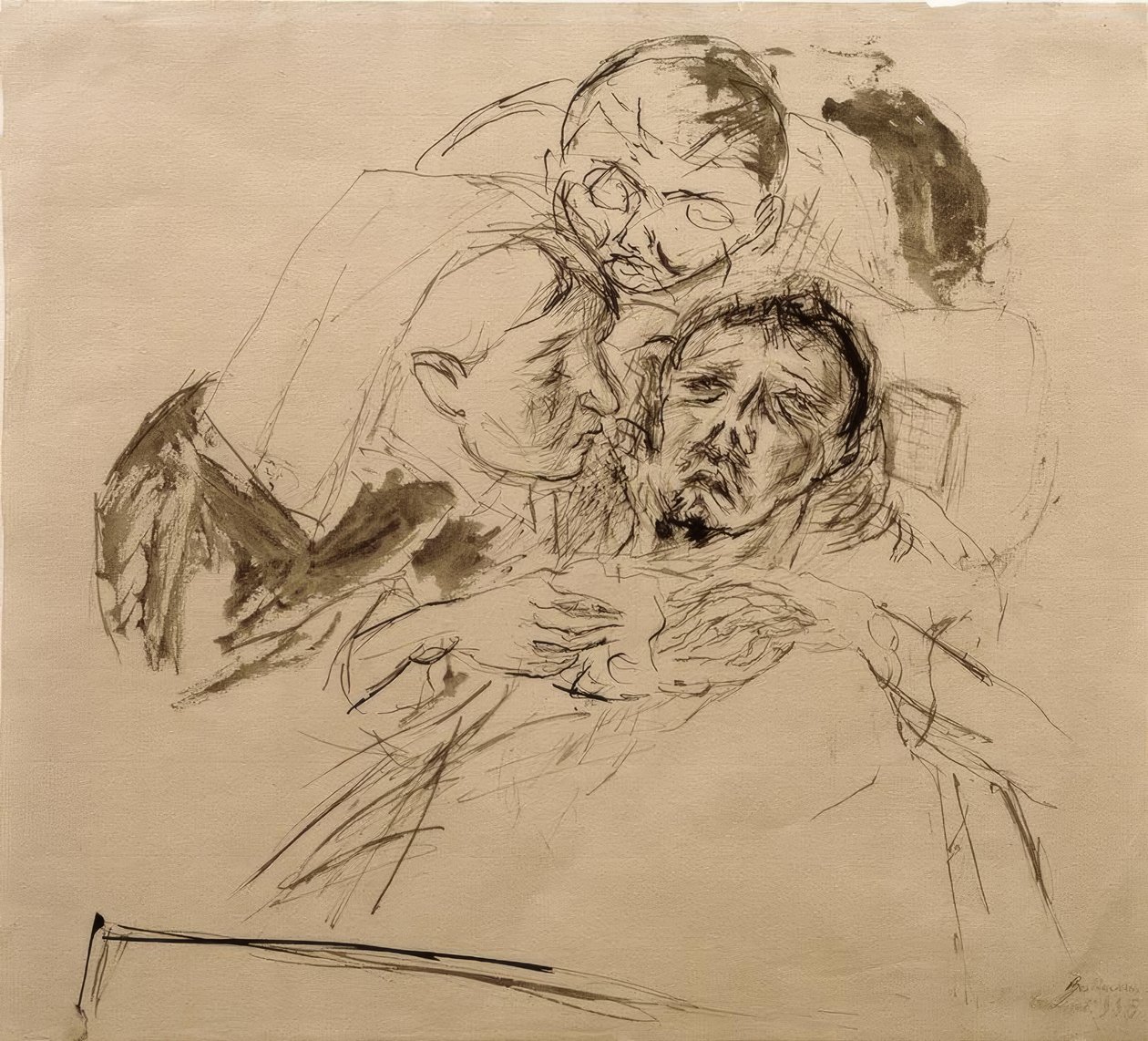 Ápolónő és férfi alak, egy beteg ember fölé hajolva alkotó: Max Beckmann