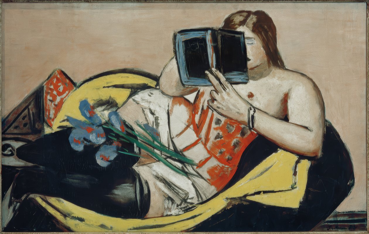Fekvő nő könyvvel és íriszekkel alkotó: Max Beckmann