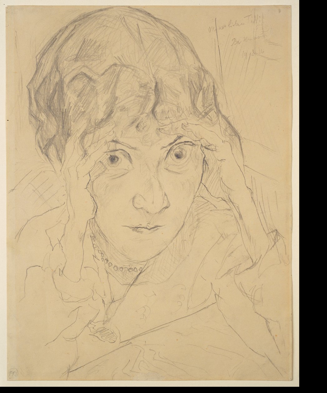Fridel Battenberg portréja, fejét mindkét kezében nyugtatva alkotó: Max Beckmann